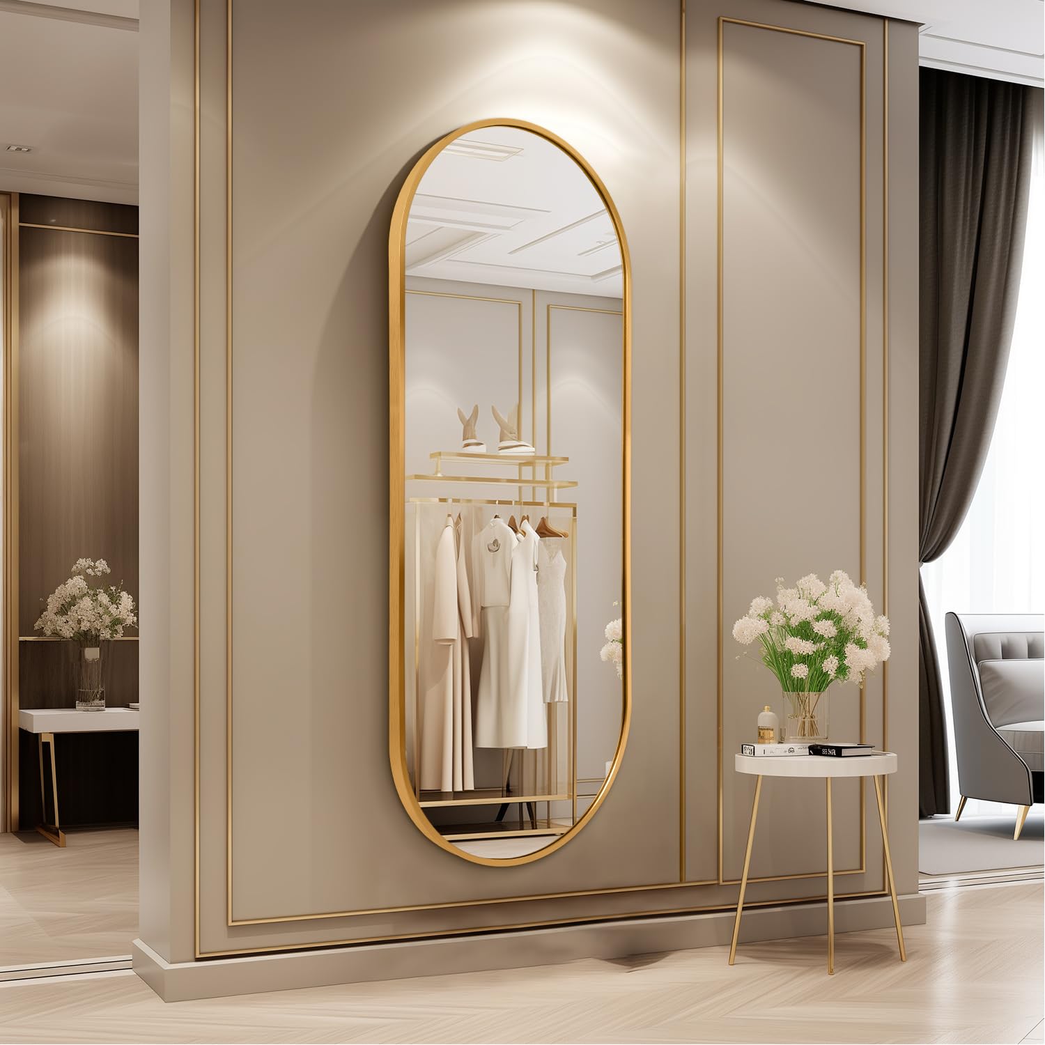 Espejo ovalado dorado de longitud completa, 120 x 40 cm, pared oblongo en forma de píldora, marco de aluminio y metal, decorativo para sala de estar, tocador