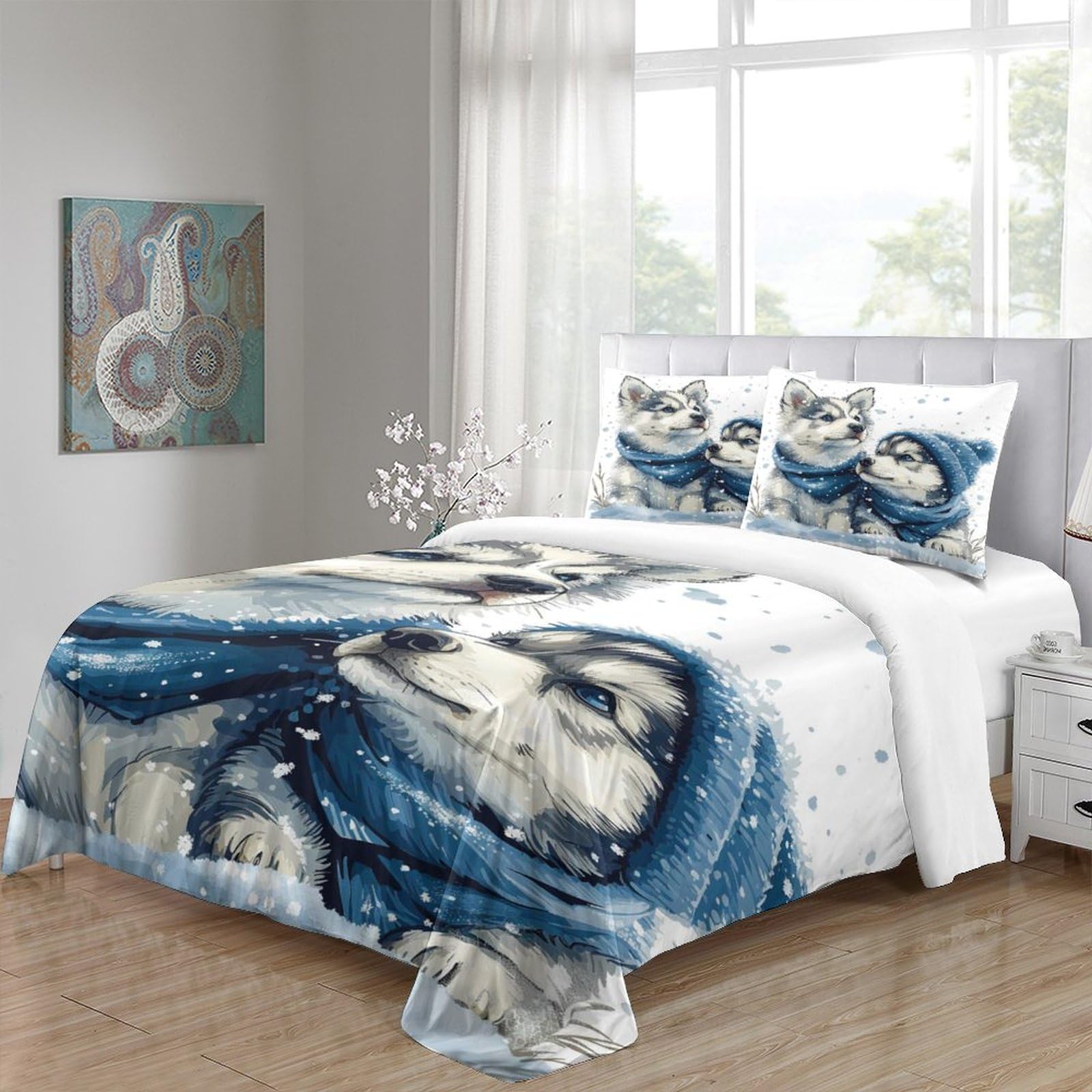 Coppia Lupo Carina 3D Stampata Copripiumino Microfibra Arredo Camera Set Biancheria da Letto Lupi Morbido per Adulti Giovani Casa Super king（260x220cm）