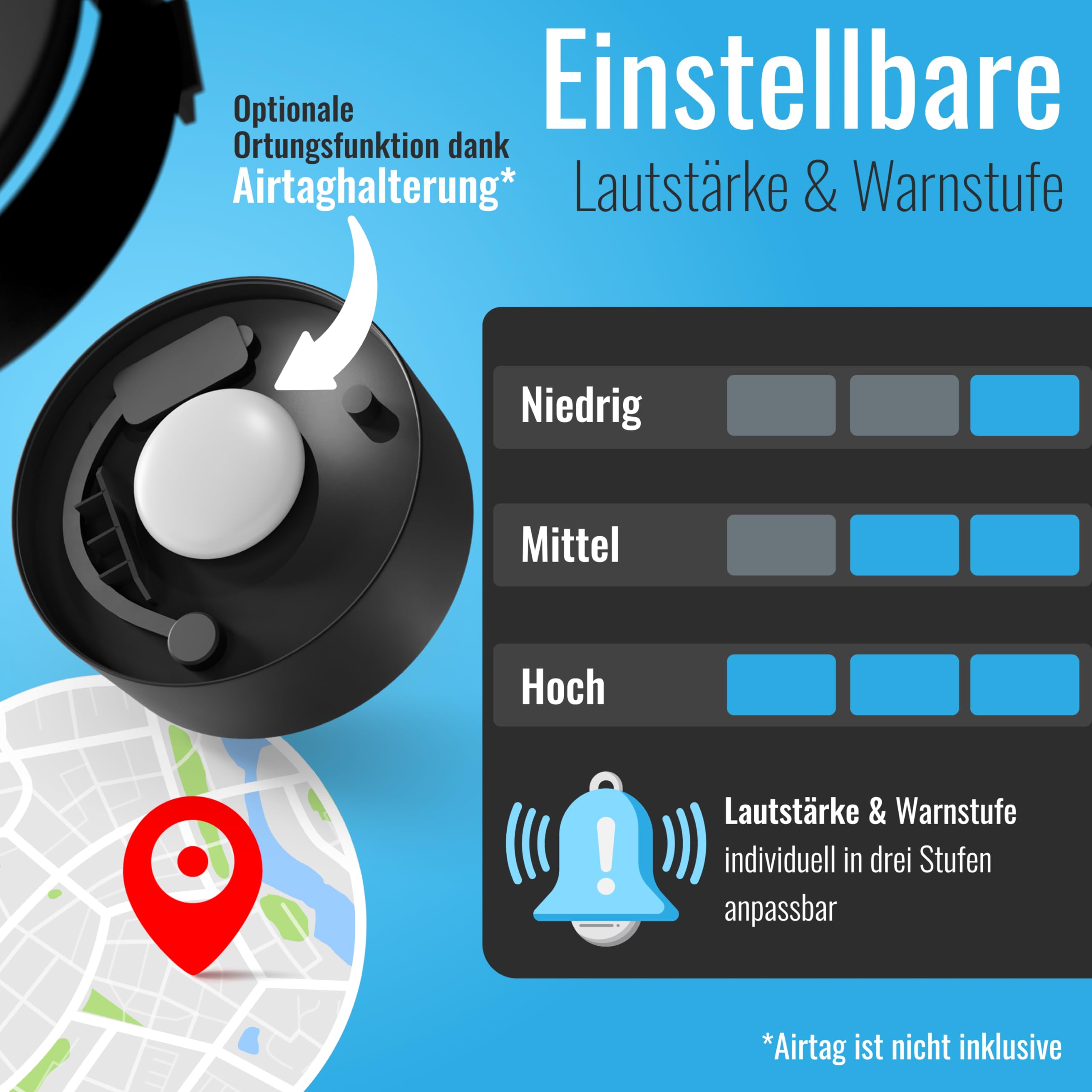 Parkwächter B1 Fahrrad Alarmanlage mit Flaschenhalter – AirTag Halterung, IP55 wasserdicht – Alarmanlage Fahrrad Diebstahlschutz – für E-Bike und Citybike – Schwarz