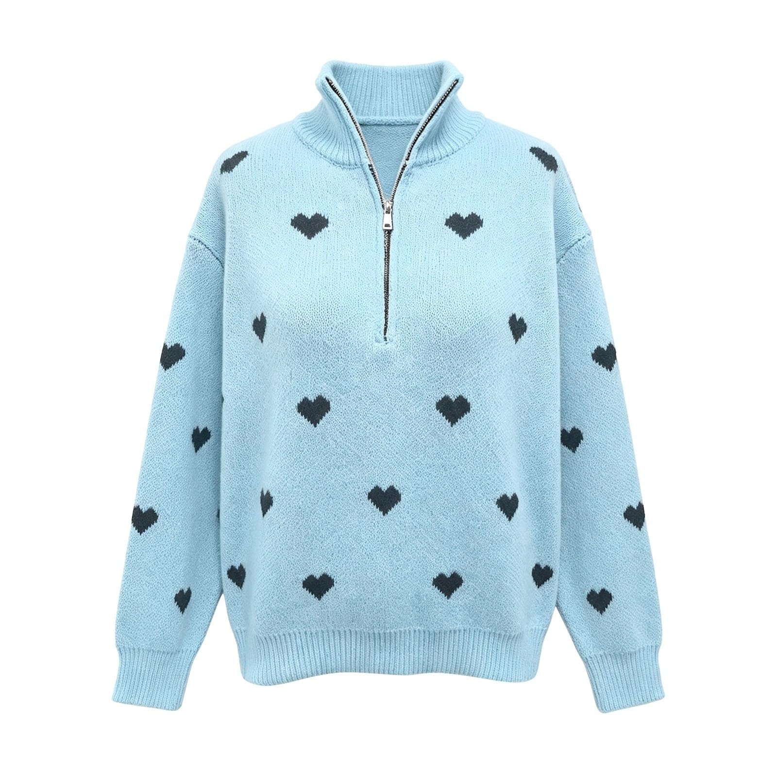 Donna Maglione Mezza Zip Cuore Collo Alto Manica Lunga Maglia Pullover