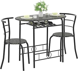 VECELO 3-Piece Dining Table Set for Kitchen Breakfast Nook, Wood Grain Oval Tabletop and Metal Frame with Built-in Wine Rack, for Small Spaces, Faux Marble Black