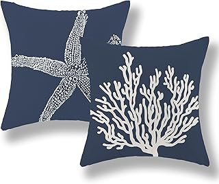 Navy Blue Coral Starfish Pillow Covers 20x20 Inch Set of 2 Coastal Throw Pillows Spring Summer Nautical Beach Ocean Decorations Linen Pillowcase Outdoor Decor Farmhouse Cushion Case for Home