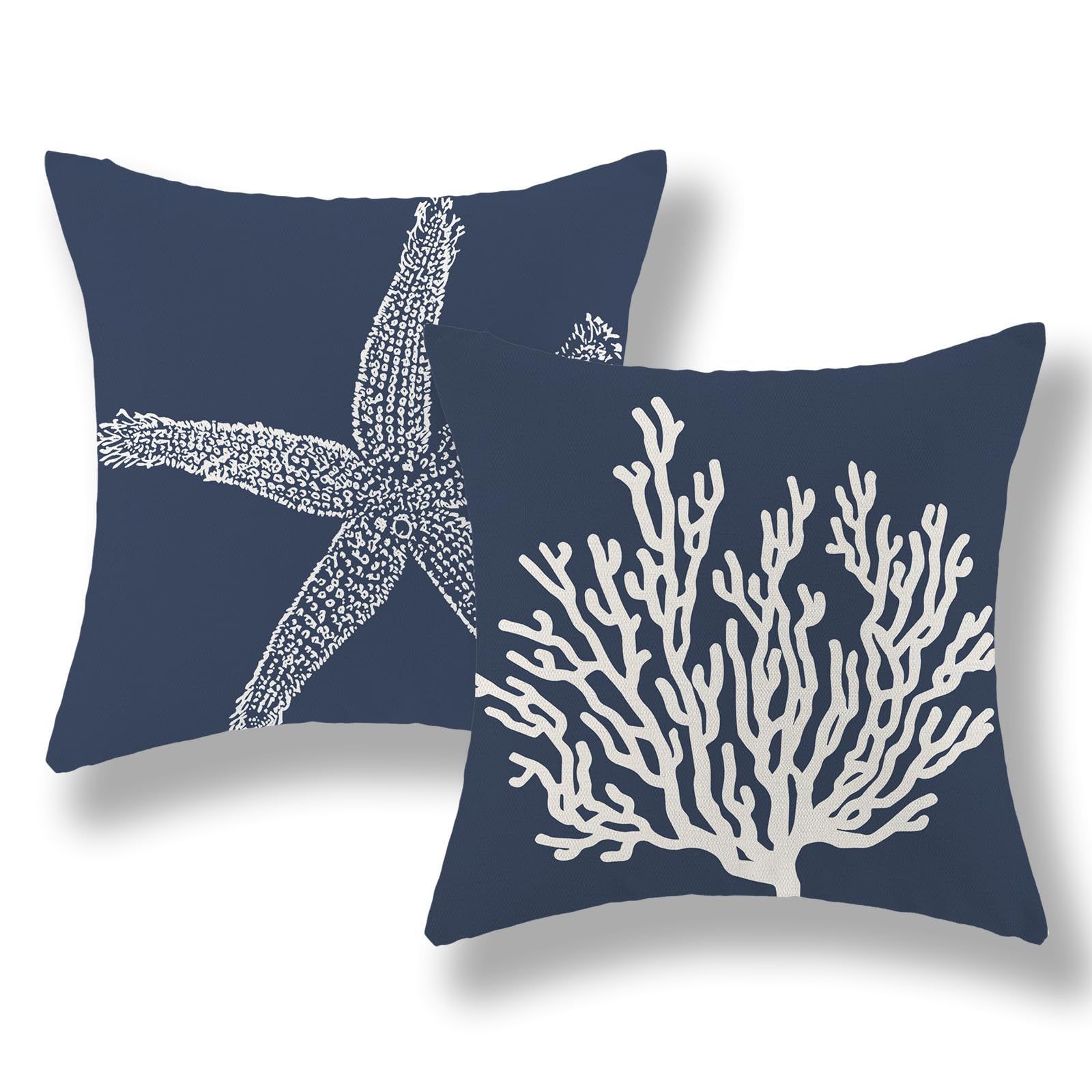 GOLIANDA Navy Blue Coral Starfish Pillow Covers 20x20 Inch Set of 2 Coastal Throw Pillows Spring Summer Nautical Beach Ocean Decorations Linen