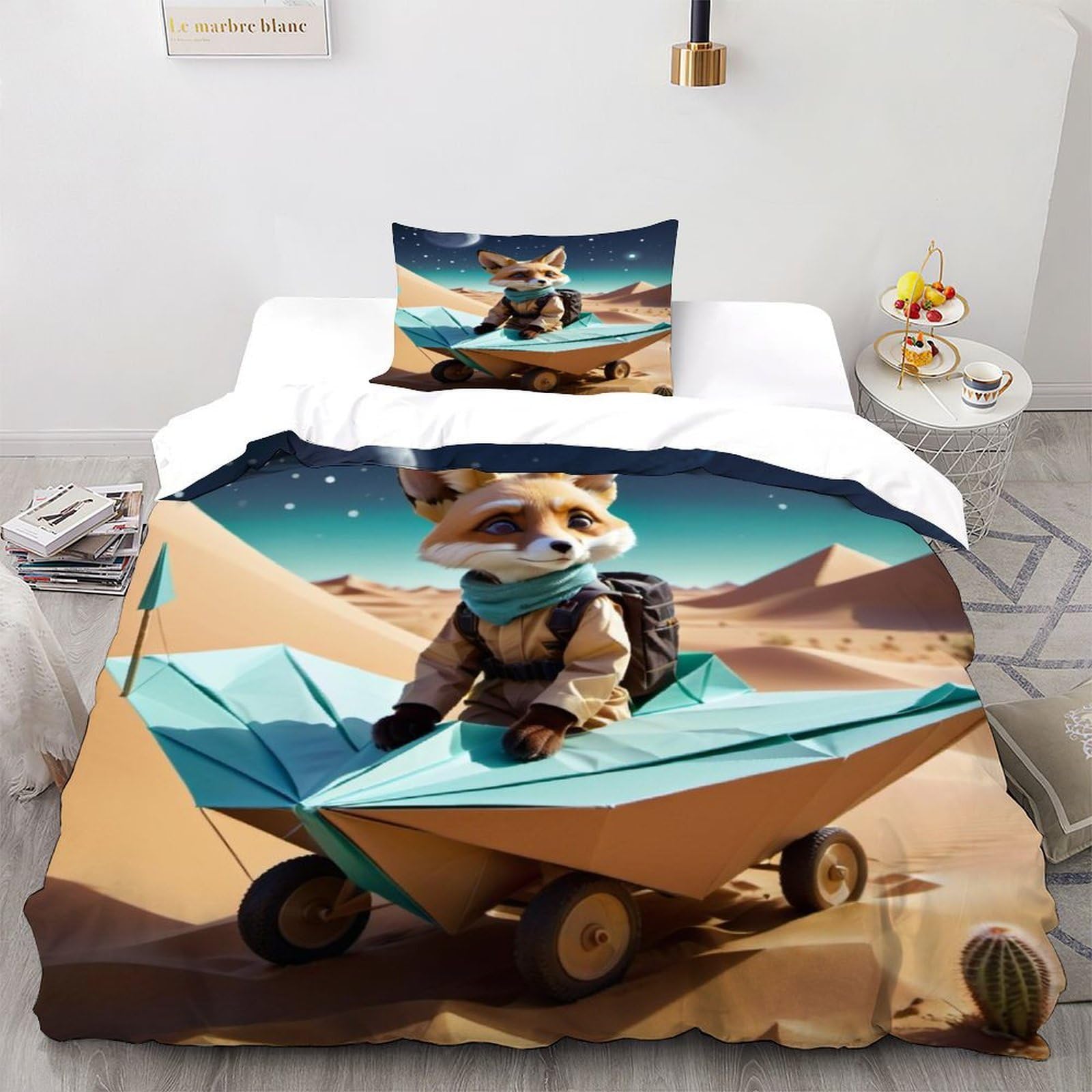 Parure de lit animal theme housse de couette 135x200 motif renard origami graphique unique