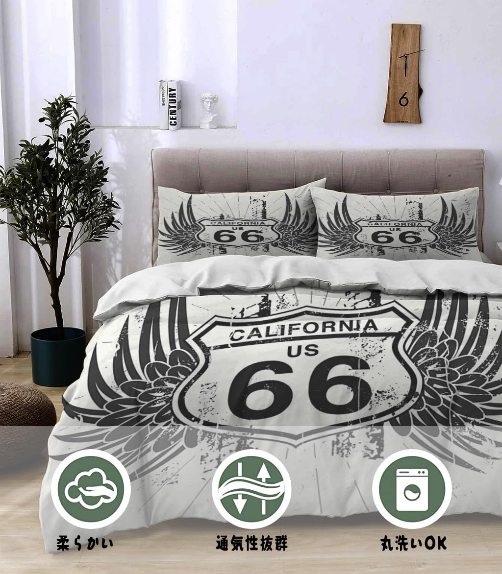 NIBAINLO 布団カバー翼のあるヴィンテージルート66道路標識 肌に優しい ピーチスキン加工 掛け布団カバー 和式 洋式 あったか 布団カバーセット リバーシブル ホームステイ ホテル 家庭兼用