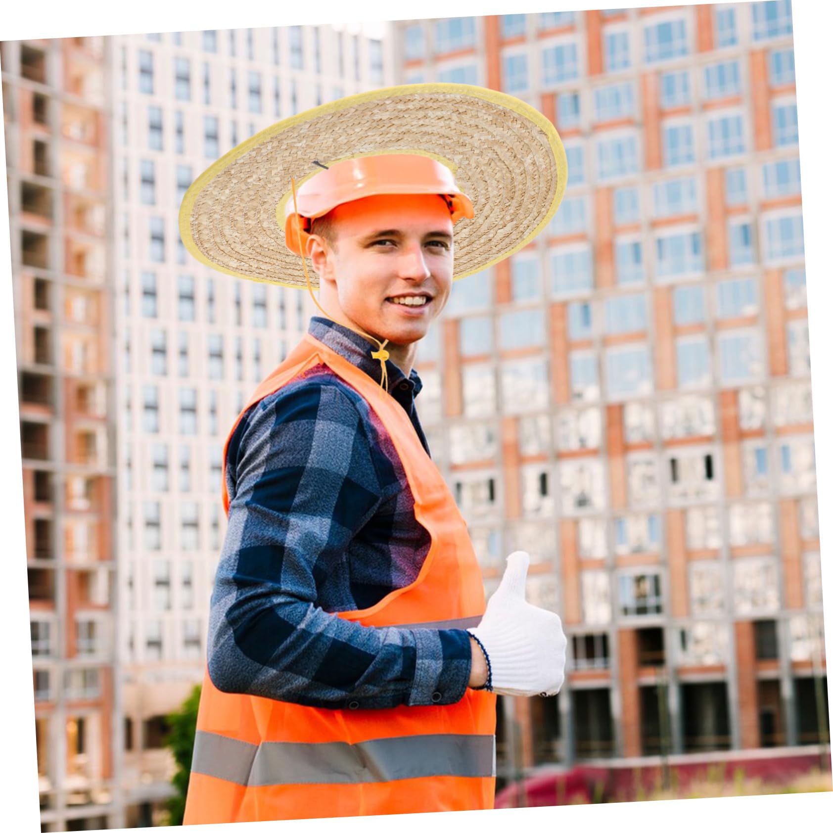 Strohhelm Sonnenschutz für Bauhelme mit Breiter Krempe 2 Stück | Weizenstroh, Leichtes Design, für Outdoor Aktivitäten und Baustelle, Zufällige Bandfarbe Zufällige Farbe