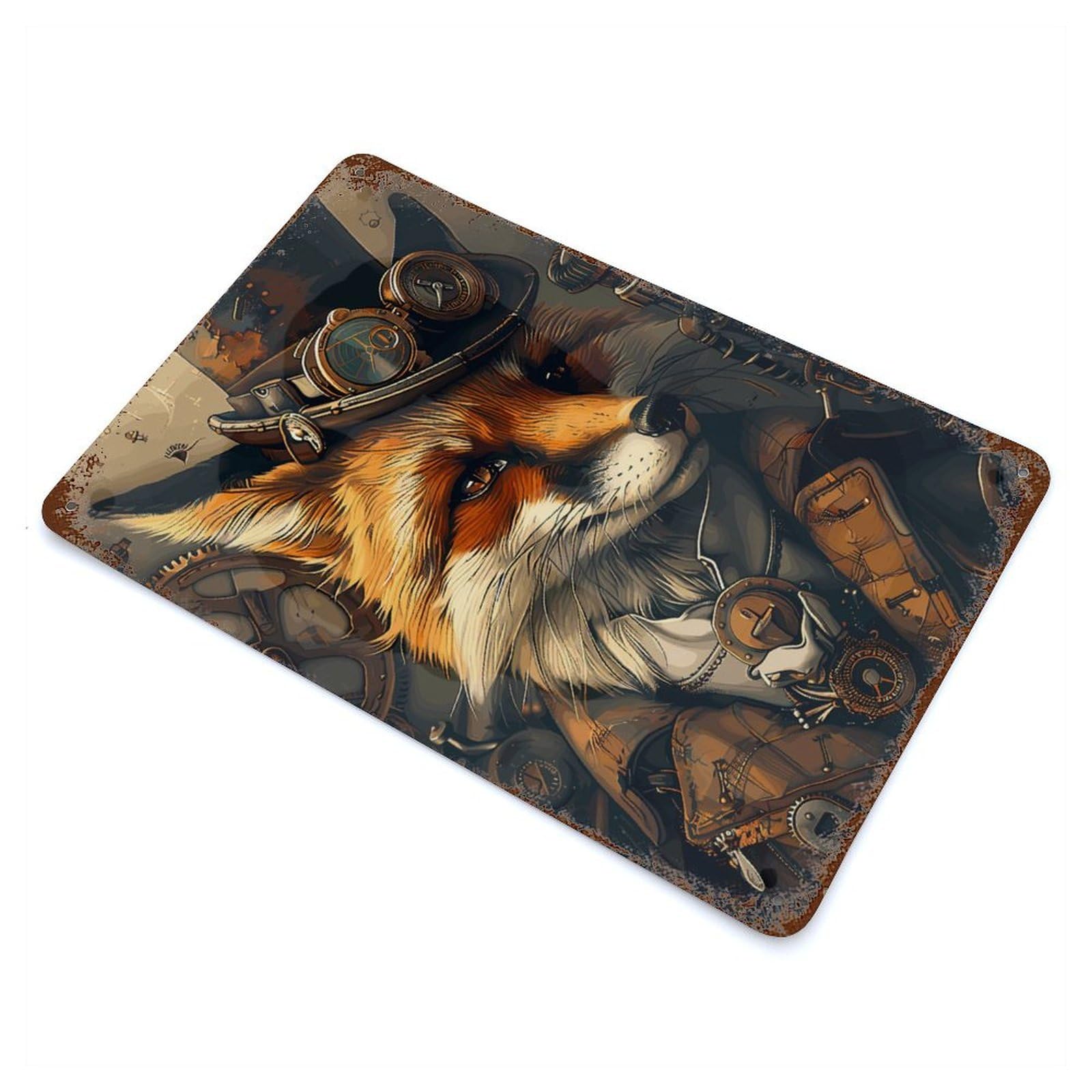 Animal Steampunk Fox Rust Effect Tin Sign 11.8"x7.9", Novelty Wall Decor for Garage, Pub Or Kitchen