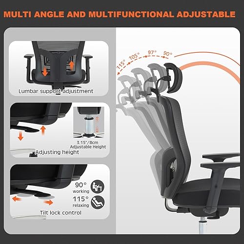 Miniatura 5 de Silla de oficina ergonómica, soporte lumbar ajustable y reposacabezas, reposabrazos 3D, función de inclinación y bloqueo del respaldo, cilindro de
