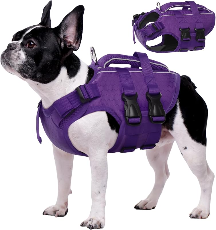 Colete salva-vidas para cães Kuoser com alta flutuação e faixas refletivas, Roxo, XS