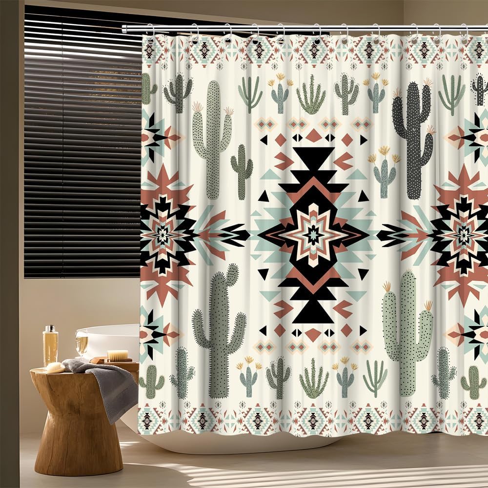 Western Aztec Cactus Shower Curtain Southwestern Boho Desert Tribal Geometric Ethnic American Bath Curtain Fabric Bathroom Accessories Decor with Hooks 90W x70L