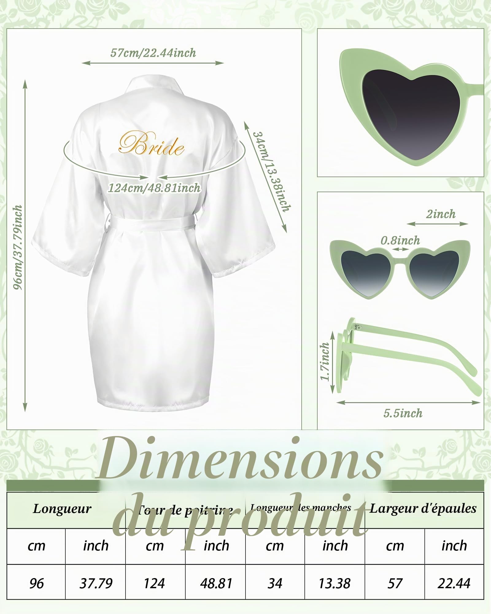 Xuhal Lot de 7 peignoirs de mariée et de demoiselle d'honneur en satin avec lunettes de soleil en forme de cœur