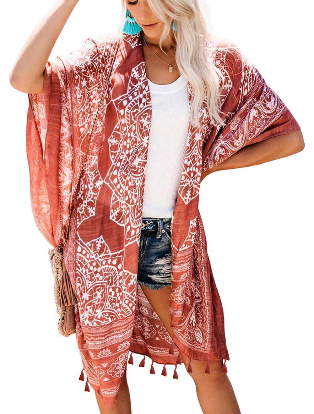 May Story Mujer Kimono Verano Cardigan Impreso Manga Corta Blusa Largo Tops Beachwear Casual Playa Poncho Pareos