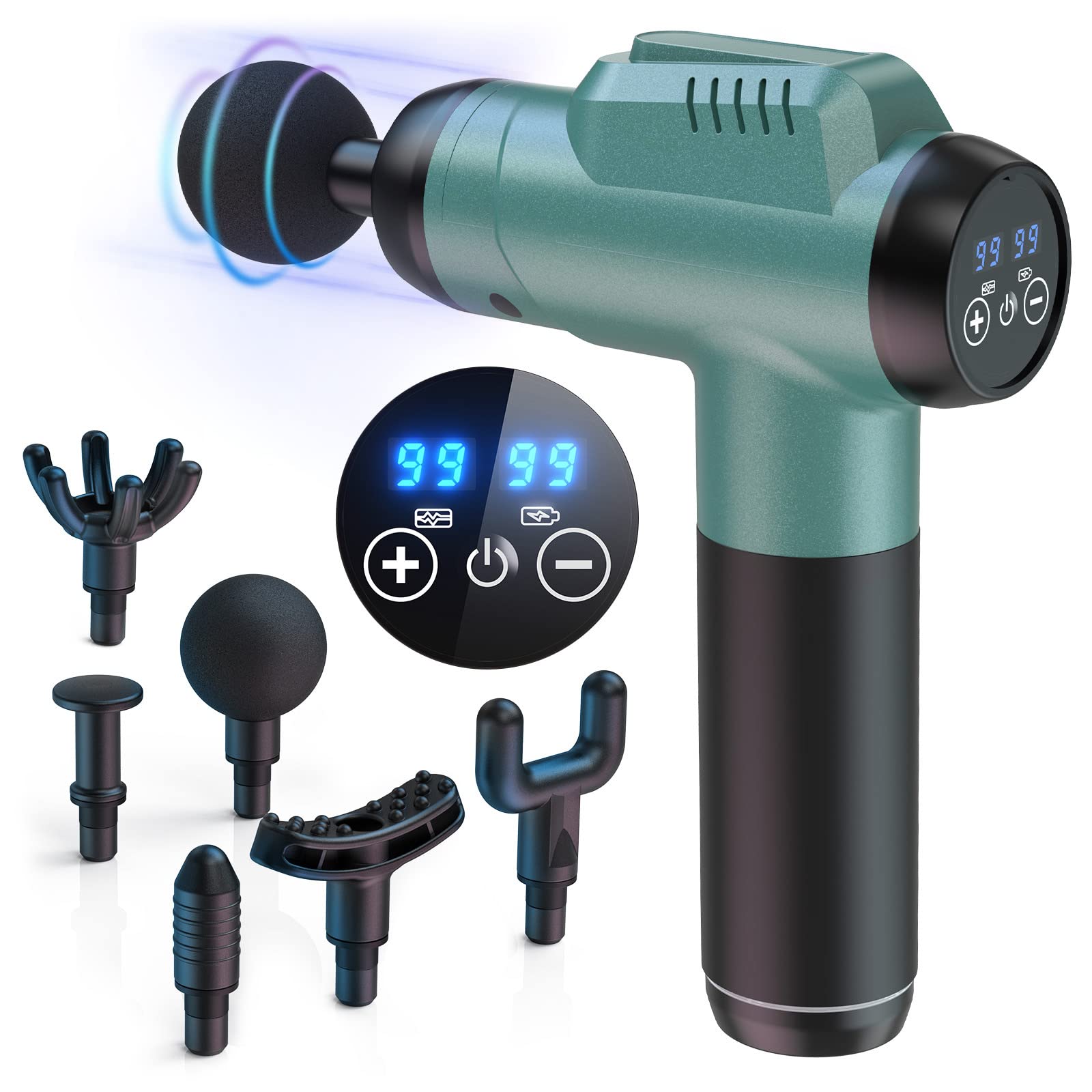 Pistola de Masaje Muscular, Timiyou Masajeador Cervical y Espalda con 99 Niveles de Intensidad, 6 Cabezales de Masaje, Massage Gun Silenciosa para Aliviar el Dolor de Pies, Cuello