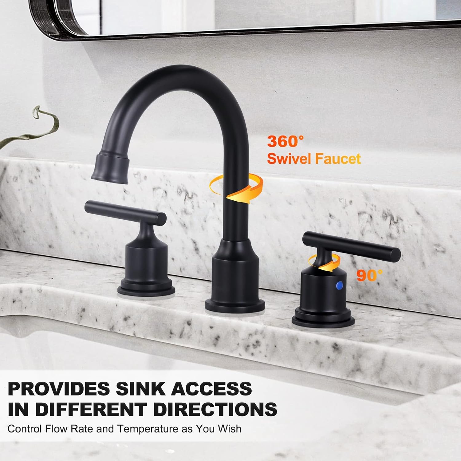 Image demonstrating the 360-degree swivel feature of the WOWOW bathroom faucet spout, providing full sink access.