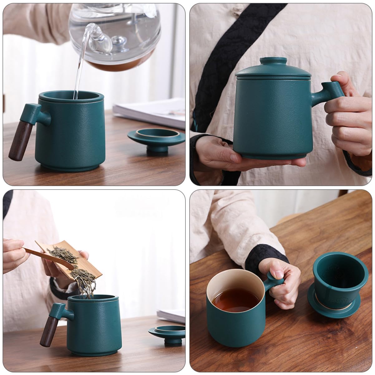 Taza de Té de Cerámica con Infusor y Tapa, 400 Ml, Mango de Madera, Resistente al Calor, para Hogar y Oficina, Juego de 3 Piezas, Color Verde