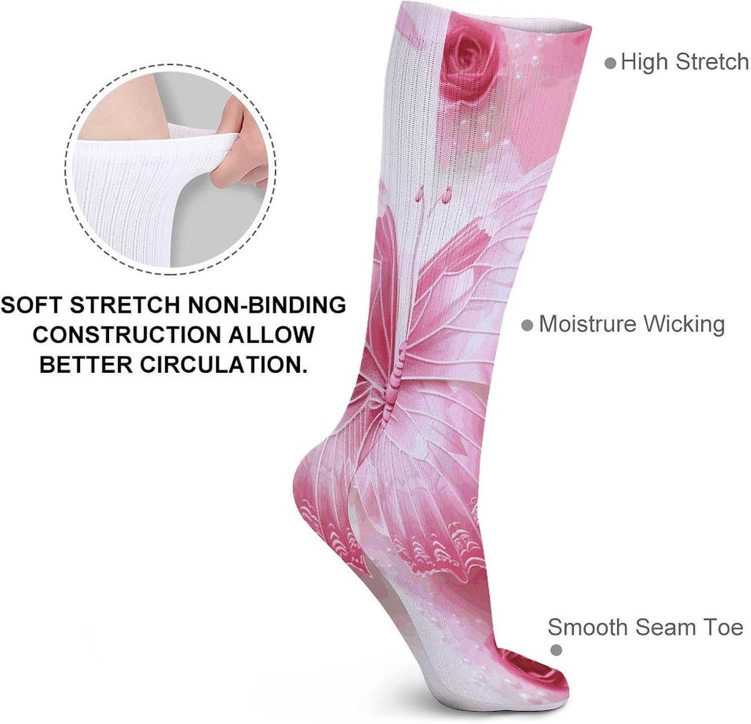 Pink And White Butterfly Knee High Socks Cozy Knee High Socks Soft Mid-Length Sock for All Seasons Daily Wear Adult