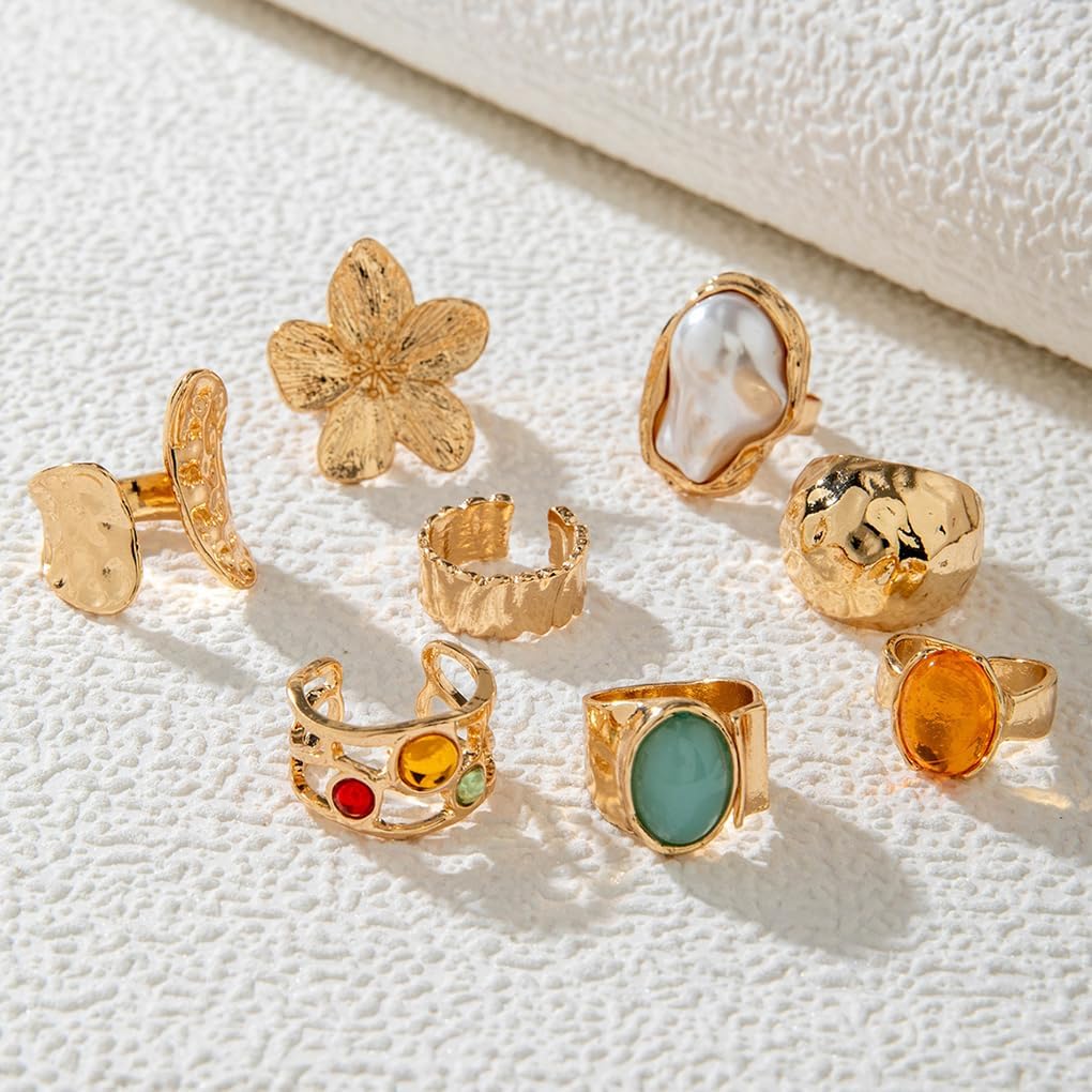 Chunky Gold Stackable Statement Rings Set for Women Crystal Flower Pearl Open Finger Rings Trendy Party Prom Birthday Stacking Jewelry - Image 4