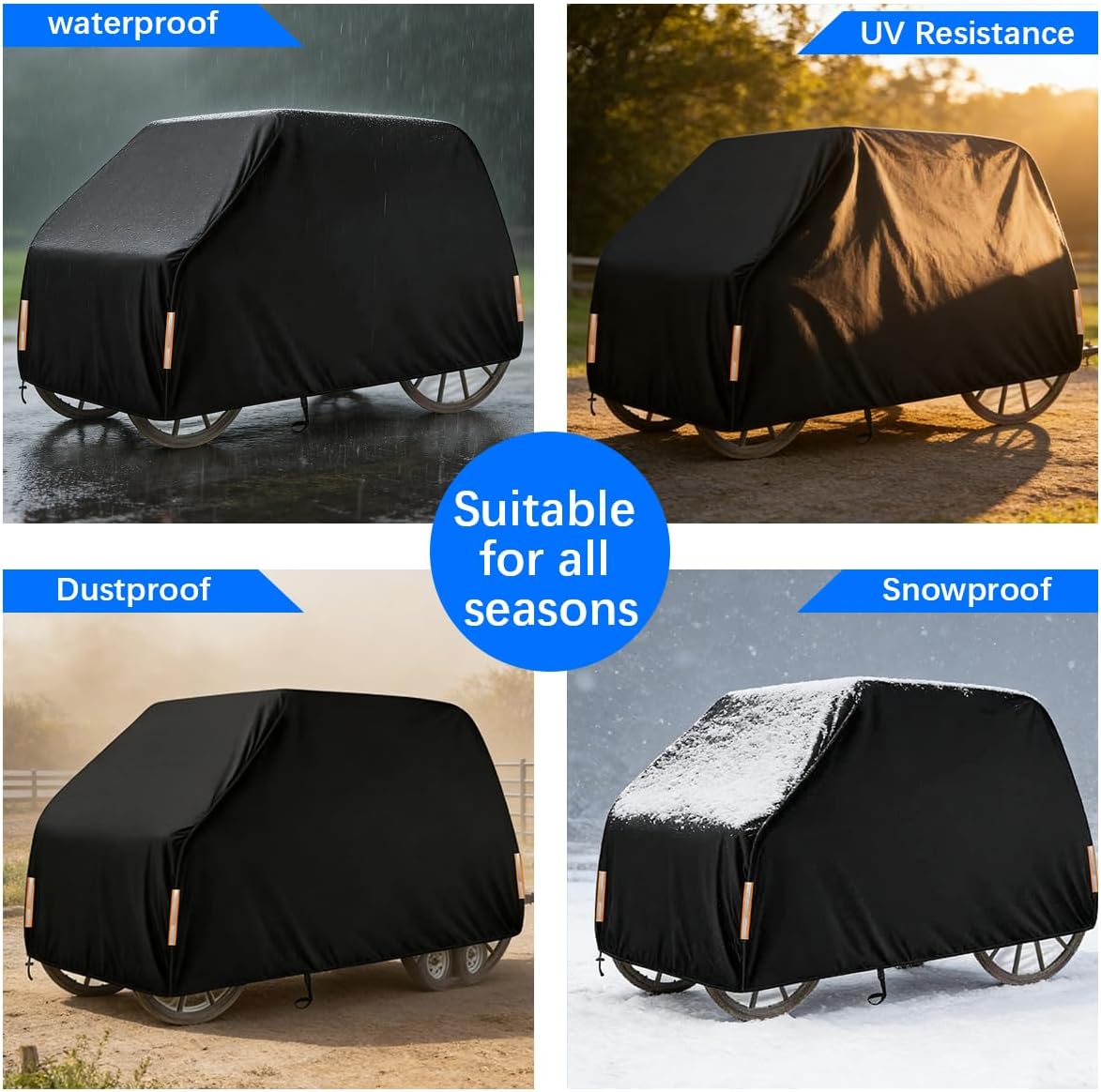 Heavy Duty Waterproof Horse Cart Cover - UV Resistant, Windproof & Dustproof Outdoor Storage Cover for Standard Horse Carriages with Elastic Hem & Drawstring