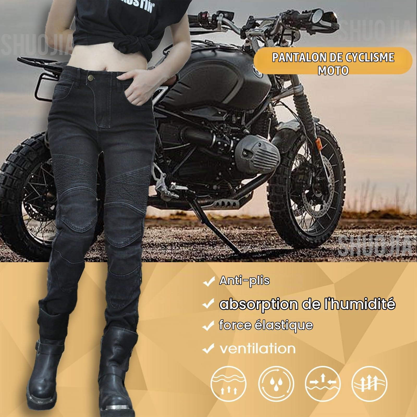 Femme Pantalon Moto,Jeans de moto élastiques, pantalons de motard respirants, Jean de Motard Coupe Slim pour Femmes avec Protections des Genoux Et des Hanches (Black,L)