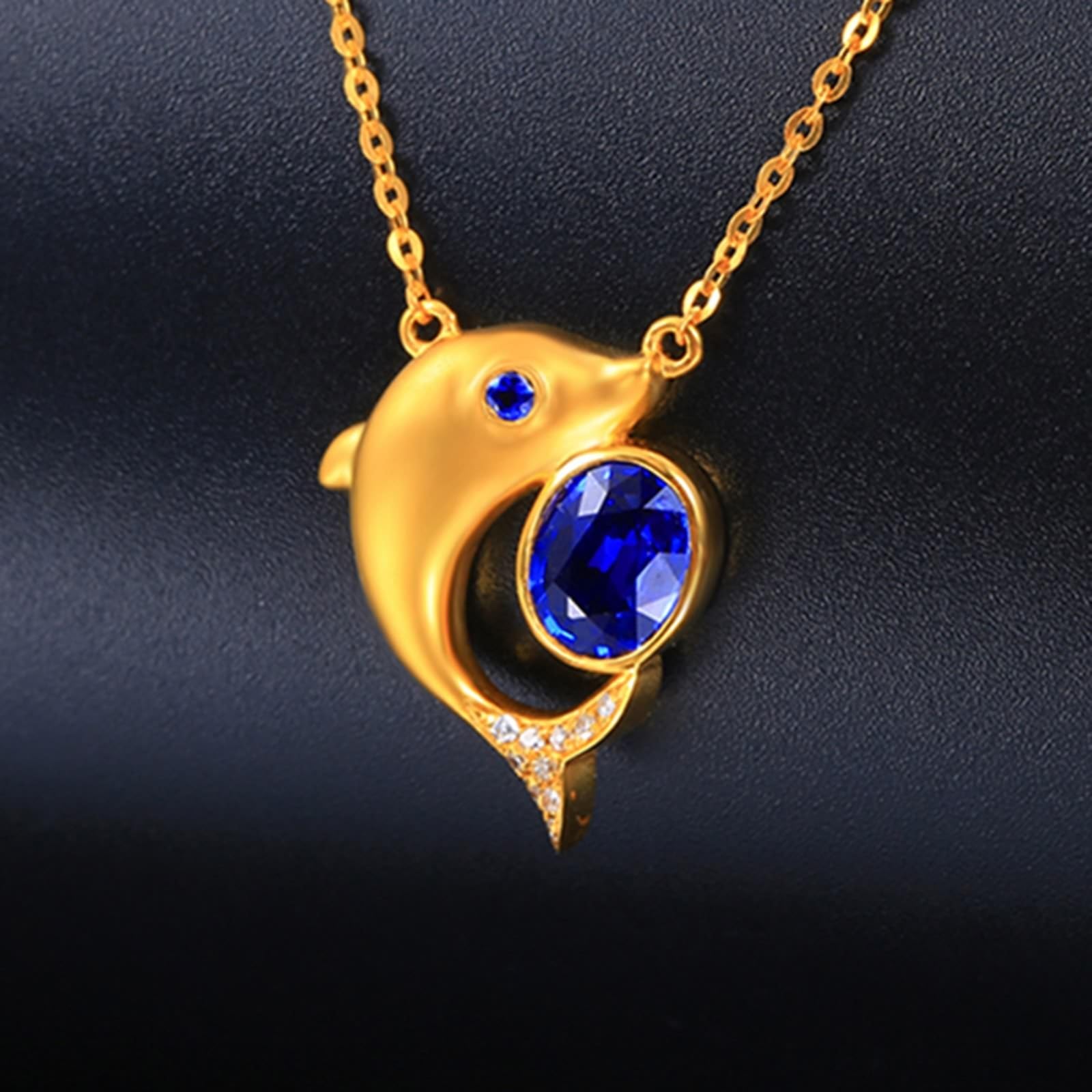 Prawdziwa biżuteria zawieszka do łańcuszka żółte złoto 750 18 K, 0,73 ct laboratorium stworzony łańcuszek szafirowy niebieski, delfin statement łańcuszek etnic żółte złoto Au750 z moissanit