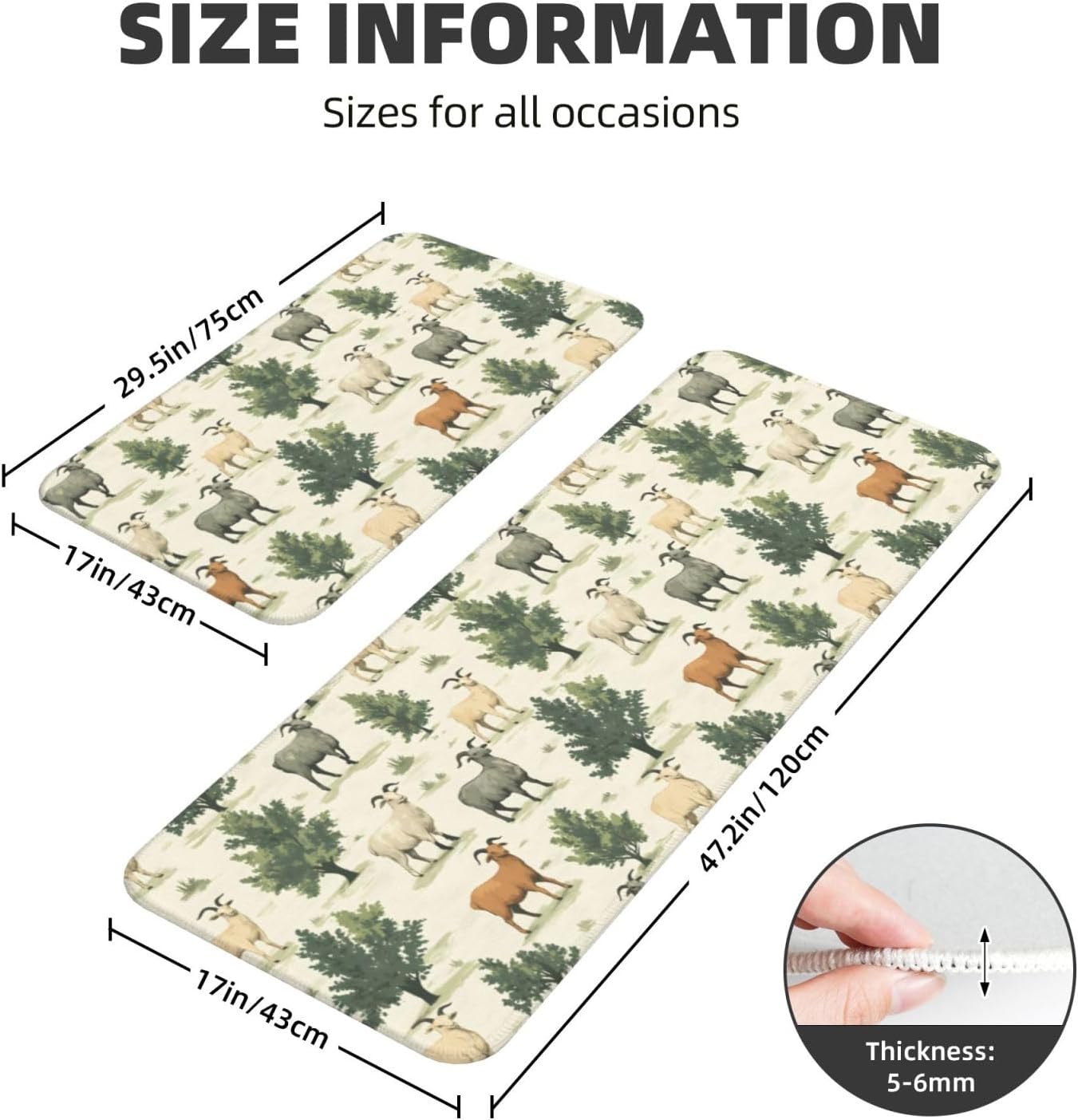 Goat Tree Print Kitchen Rugs Sets of 2 Non Slip Washable, Anti Fatigue Kitchen Mats for Floor, Home Decor
