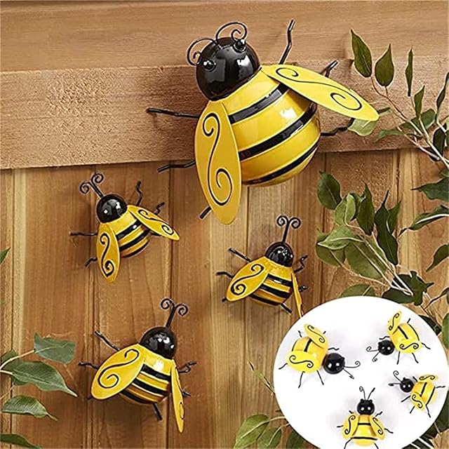 Bumble bee garden ornaments,4 Pcs Metal bumble bee Decorations,Garden Wall Art Bee 3D Sculpture ,Garden Ornaments Outdoor Lawn Bar Bedroom Living Room Coffee Shop Wall Hanging Bumble Bee Decor