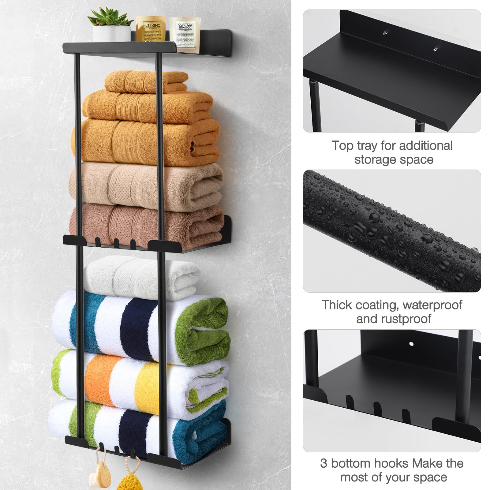 Hommtina Wall-Mounted Towel Rack - No Drill Bathroom Organizer, 30.5" Rust-Resistant Black 10 thumbnail image