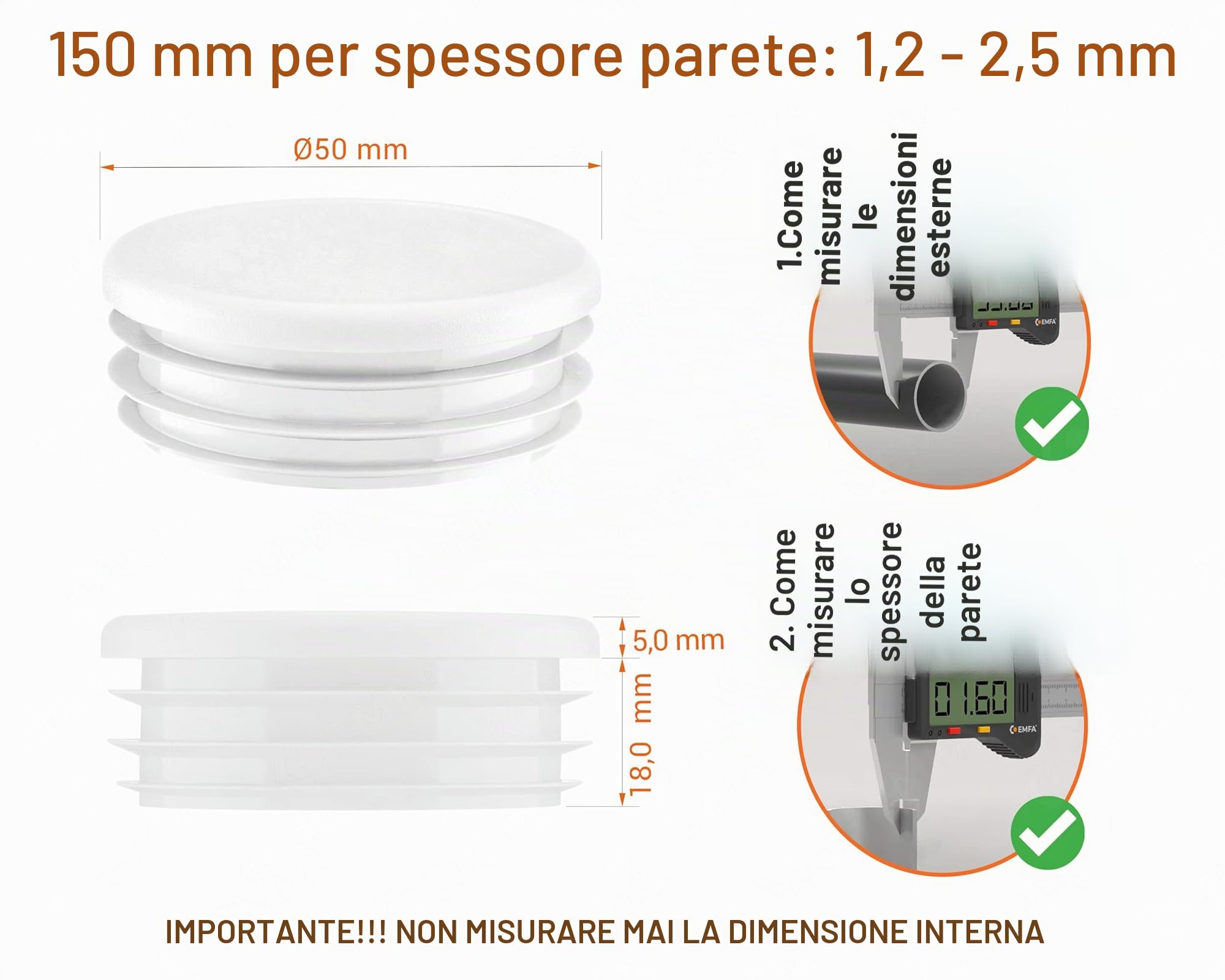 EMFA Tappo alettato tondo 50 mm Bianco 4 pezzi - Tappi a lamelle rotondi 50mm per tubo - Terminali in plastica protettivi 5 cm