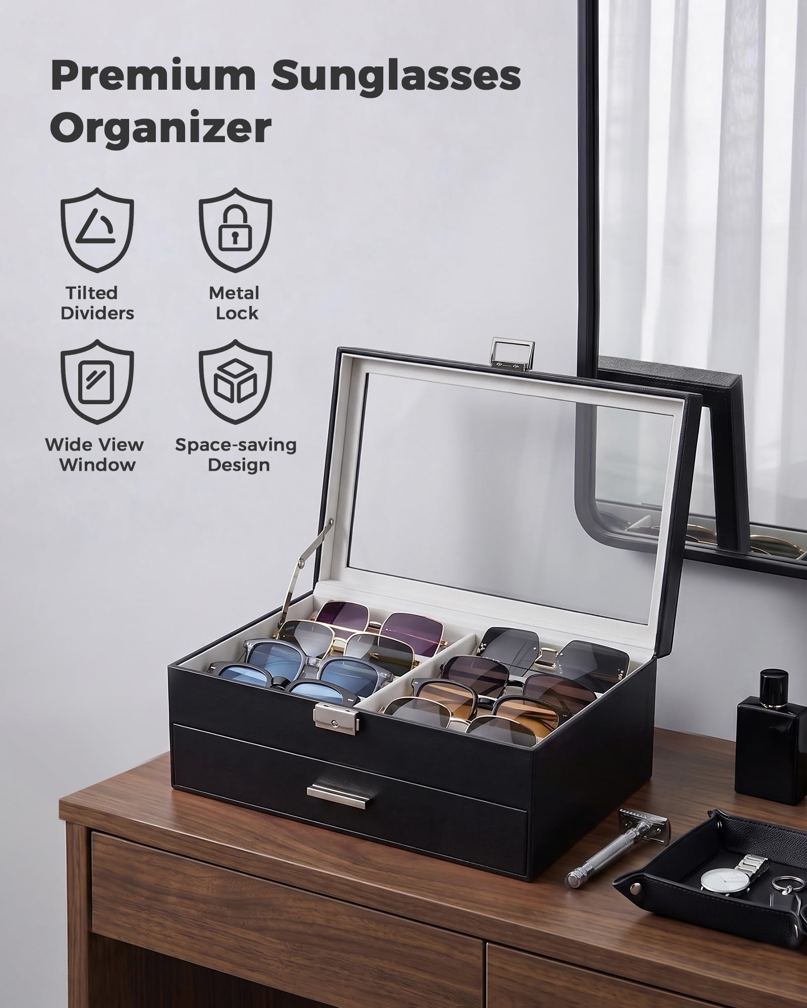 ProCase Organizer na okulary przeciwsłoneczne dla mężczyzn - etui ze skóry PU z przegródkami, szklaną pokrywą z zamkiem, nachylonymi przegrodami i miękką podszewką