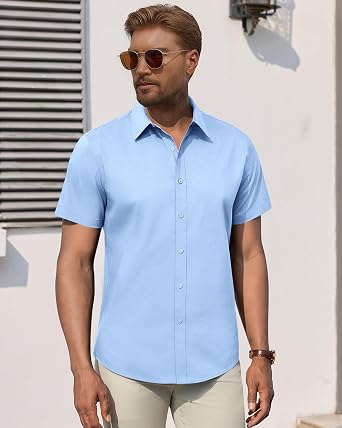 Men's Short Sleeve Dress Shirts Stretch Stain Shield Business Casual Button Down Shirts Solid Formal Wedding Tops