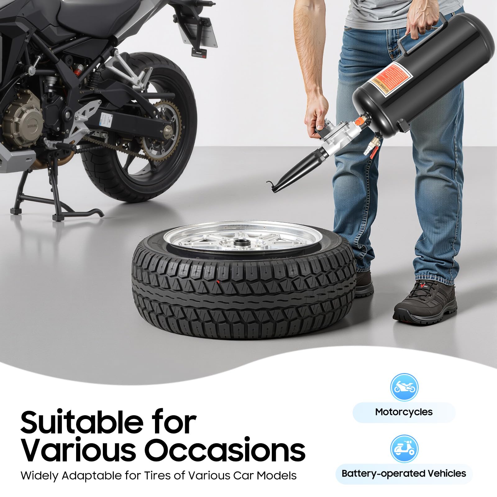 Booster de pneus pour moto et vélo électrique, gonfleur de pneu à air comprimé jusqu'à 235 cm de large, booster de pneus avec valve de sécurité 1,0 MPa, boîtier en fer robuste, noir (14 x 42 cm)