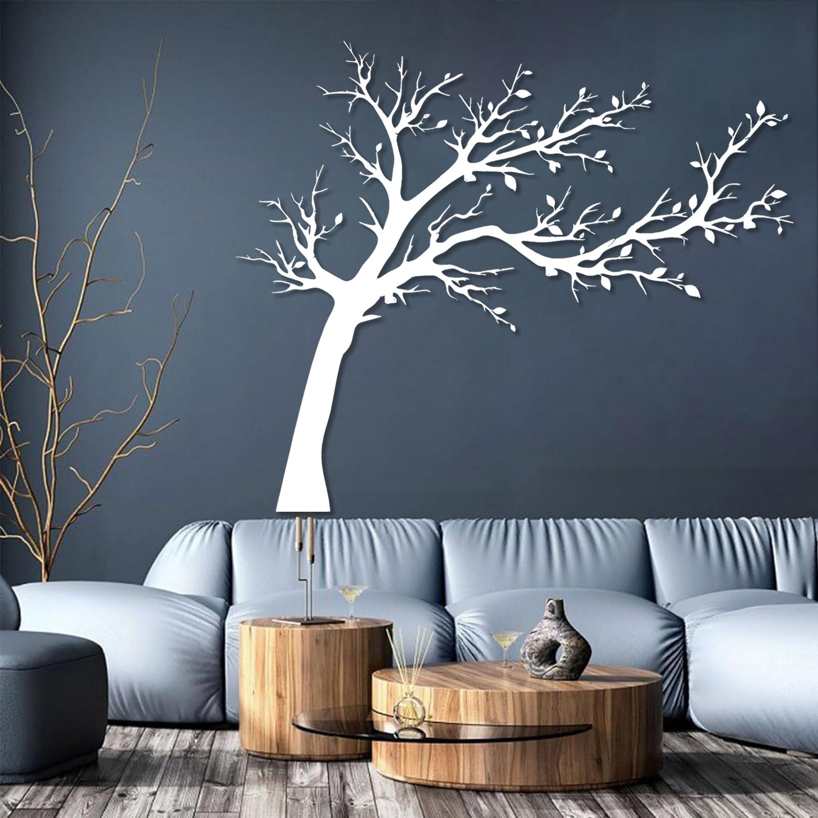 Decoración de pared abstracta contemporánea de metal con forma de árbol, adorno de árbol de ramas grandes de la vida, silueta, decoración familiar, hogar de sala de estar (plateado, 40x47 cm)