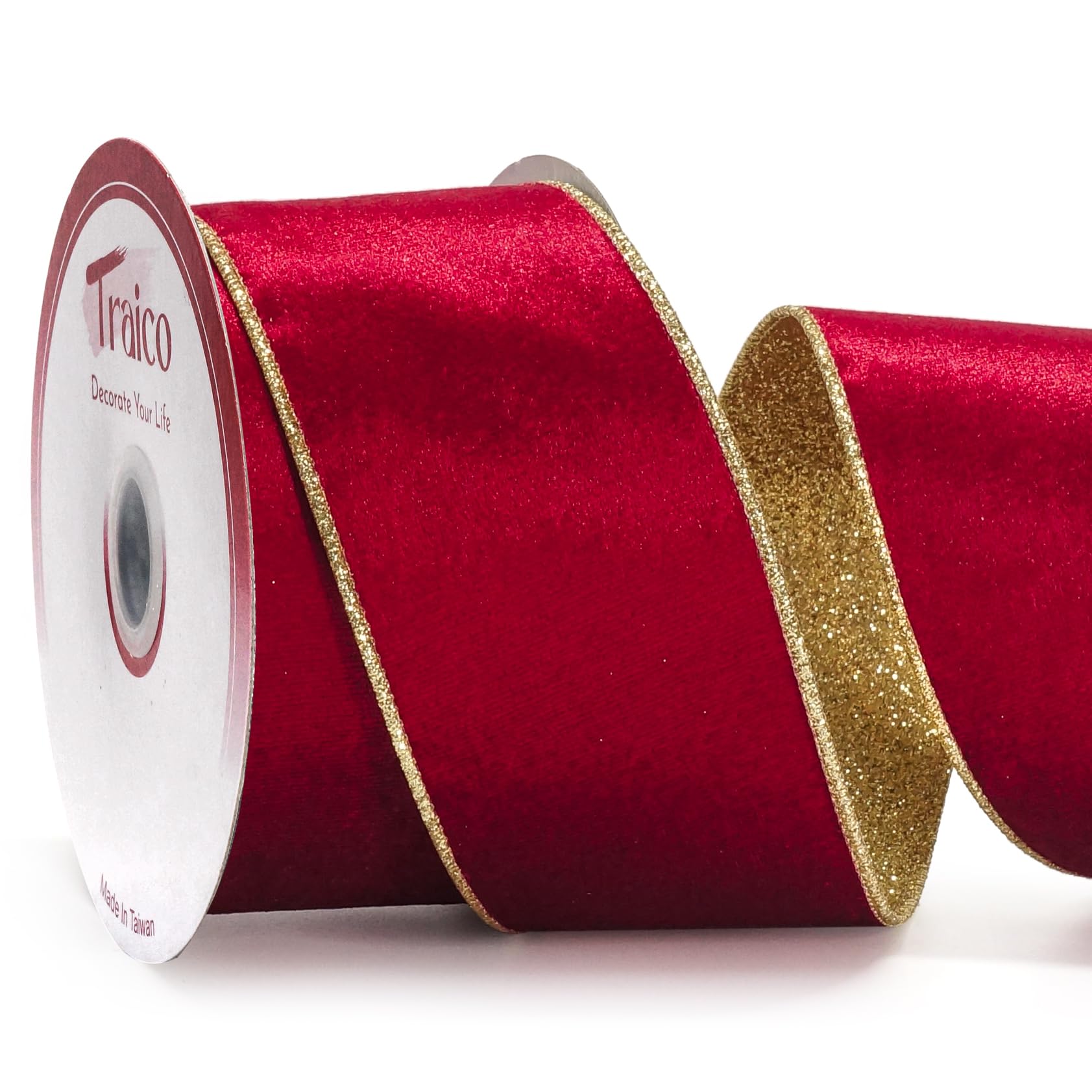 Traico 2.5" Red Velvet Gold Glitter Backing Wired Ribbon 10 Yards for Christmas Wedding Wreath Gift Wrapping Home Décor DIY