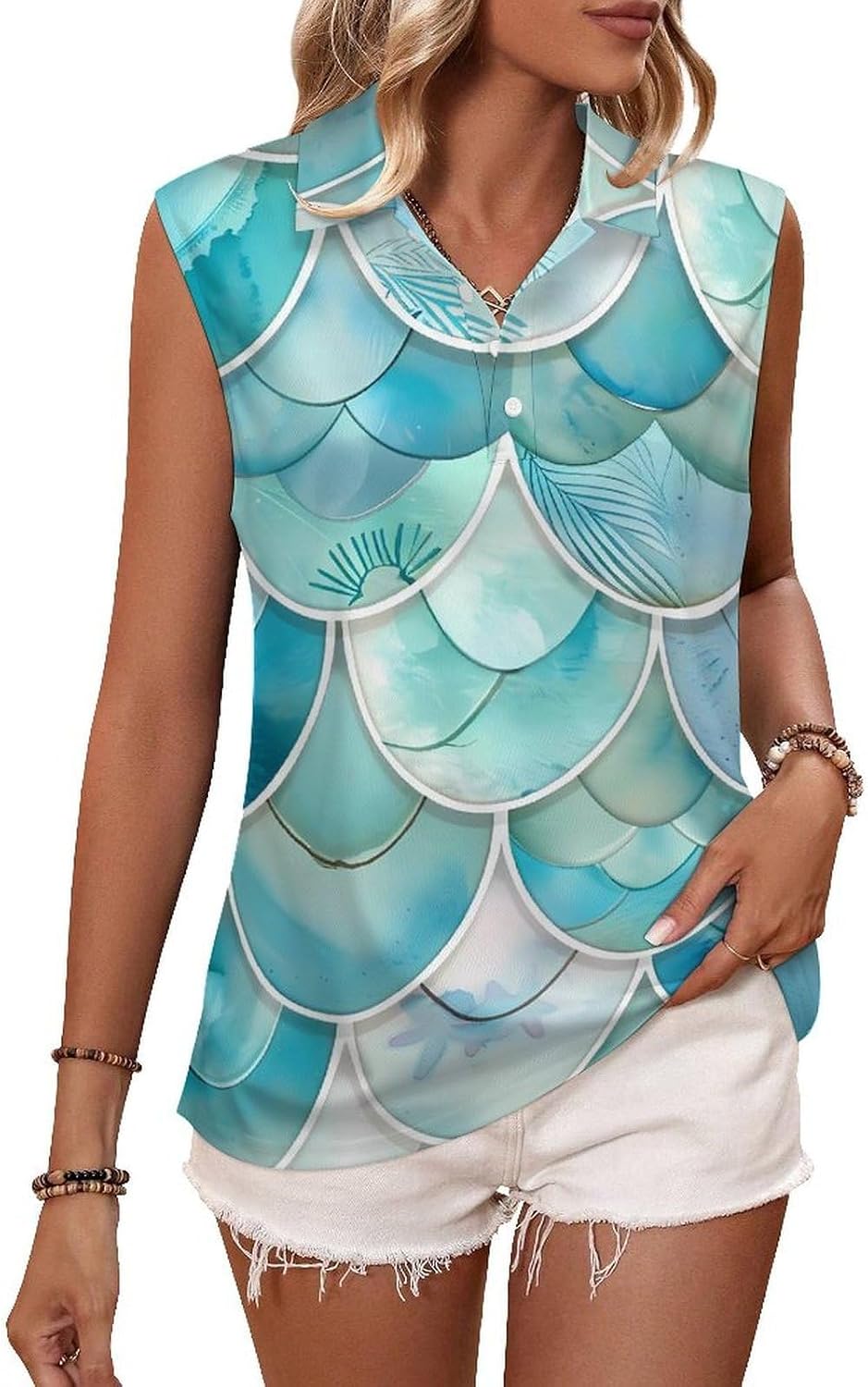 Me-rmaides Fish Scales Women Sleeveless Collared Golf Polo Shirt | V Neck Tank Top,Breathable Tennis Shirts