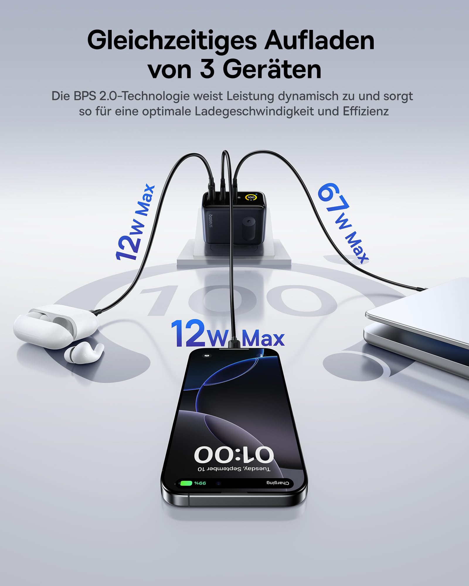 Baseus 100W Picogo USB C Ladegerät, Smart Display & Touch Control, 3-in-1 Schnellladegerät, GaN USB C Netzteil, Kompatibel mit MacBook, iPhone 17/16/15/14, Galaxy 25/24/23, Pixel und mehr