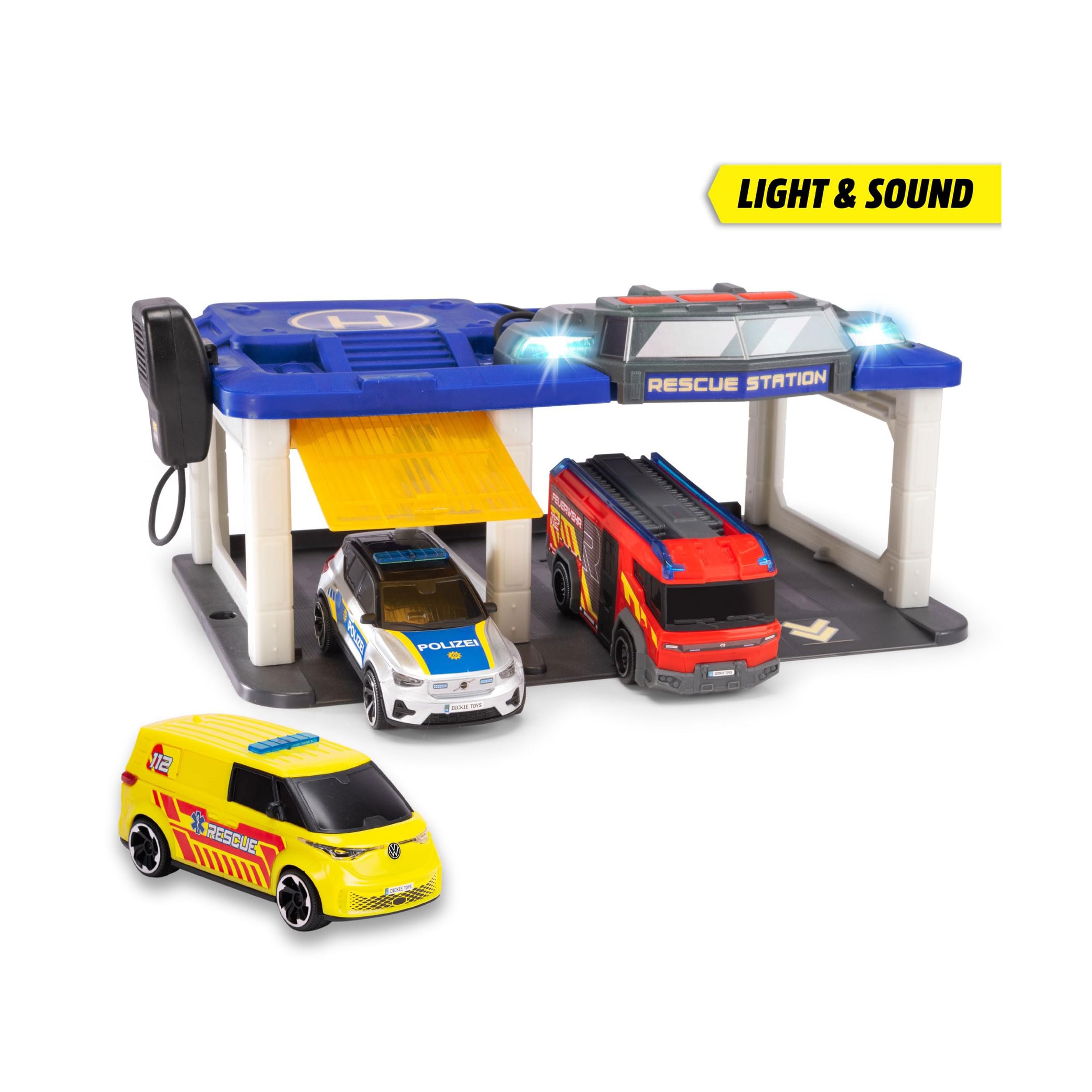 Dickie Toys - S.O.S Station para niños a Partir de 3 años (31 x 22 cm) con 3 Coches de Juguete (Coche de policía, Ambulancia, camión de Bomberos), estación de Bomberos y policía con luz y Sonido