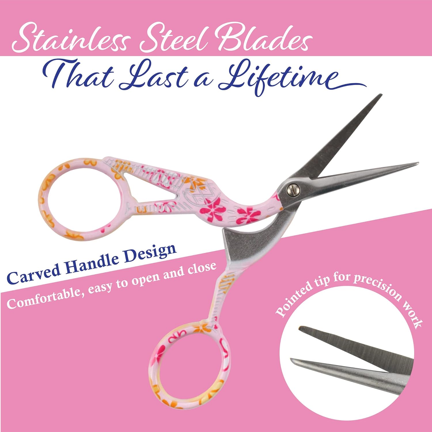 JubileeYarn Pointed Tip Embroidery Craft Stainless Steel Stork Scissors - Pink - 10 Units