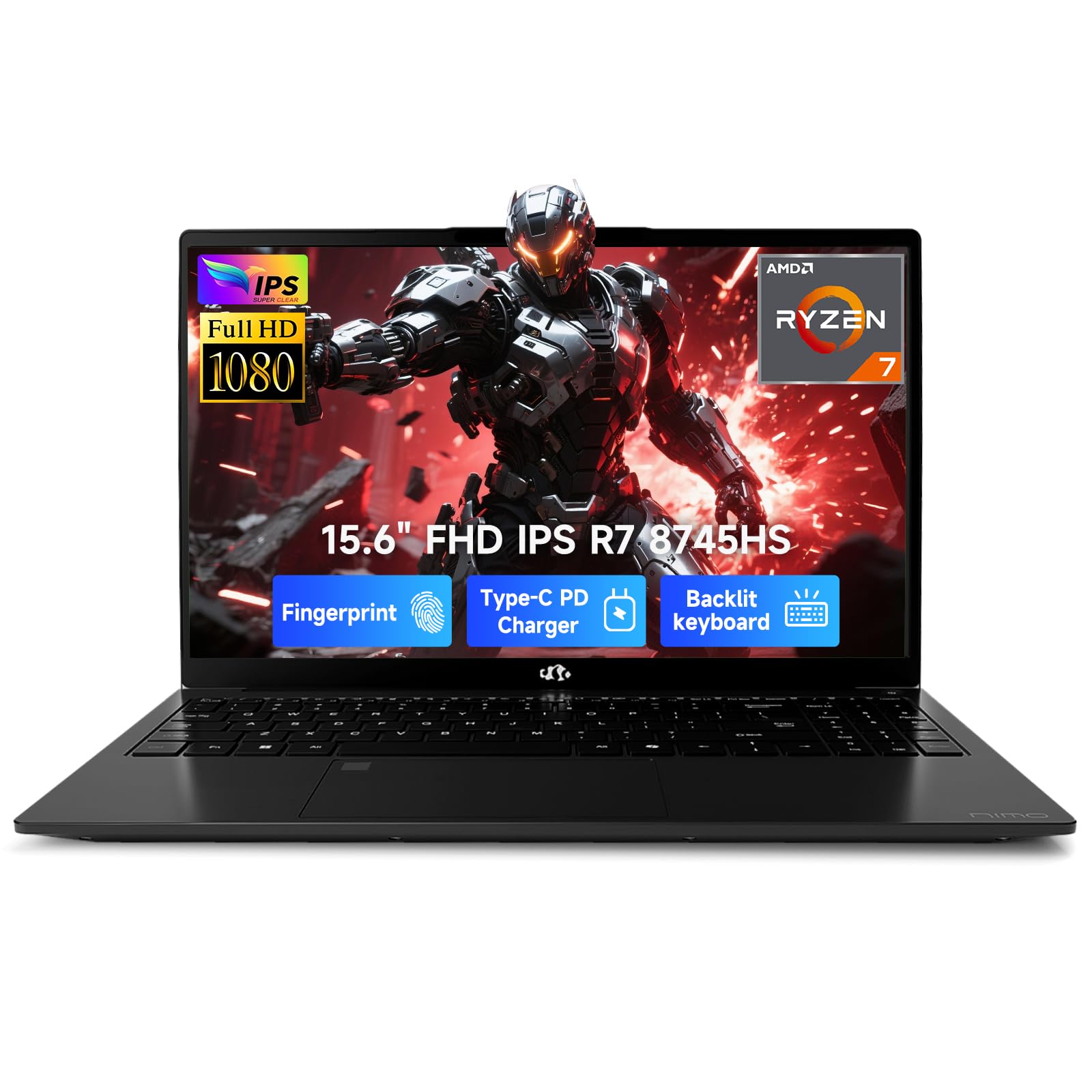 NIMO 15.6" FHD IPS Laptop, AMD Ryzen 7 8745HS 32GB DDR5 RAM 2TB SSD (8C/16T, up to 4.9GHz) Radeon 780M Graphics Business Computer with 100W Type-C Backlit Keyboard, Fingerprint USB-C 4.0