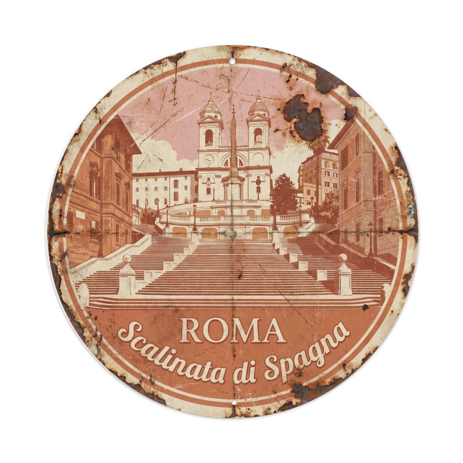 Vintage Travel Rome Spanish Steps Metal Tin Sign Plaque Wall Decor for Cafe, Club Bar, Office, Home Garden Round Metal Poster 8x8Inch