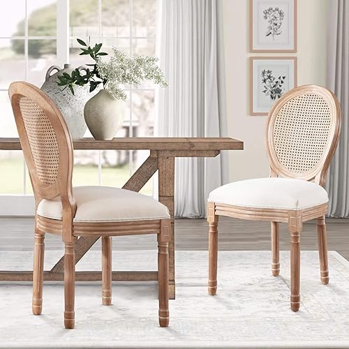 Nrizc French Dining Chairs Set of 2, Farmhouse Dining Chairs, Rattan Dining Chairs with Round Back, Solid Wood Fabric Cane Back Dining Room Chairs, for Kitchen, Bedroom, Dining Room