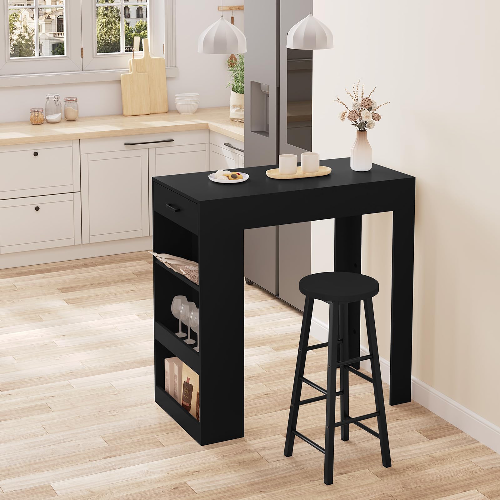 WOLTU Bartisch, Stehtisch mit 1 Schublade & 3 Ablagen, Küchentisch mit Weinregal, Bistrotisch für Bar Küche Wohnzimmer Esszimmer (Ohne Brett, Schwarz, 100 x 50 x 100 cm)