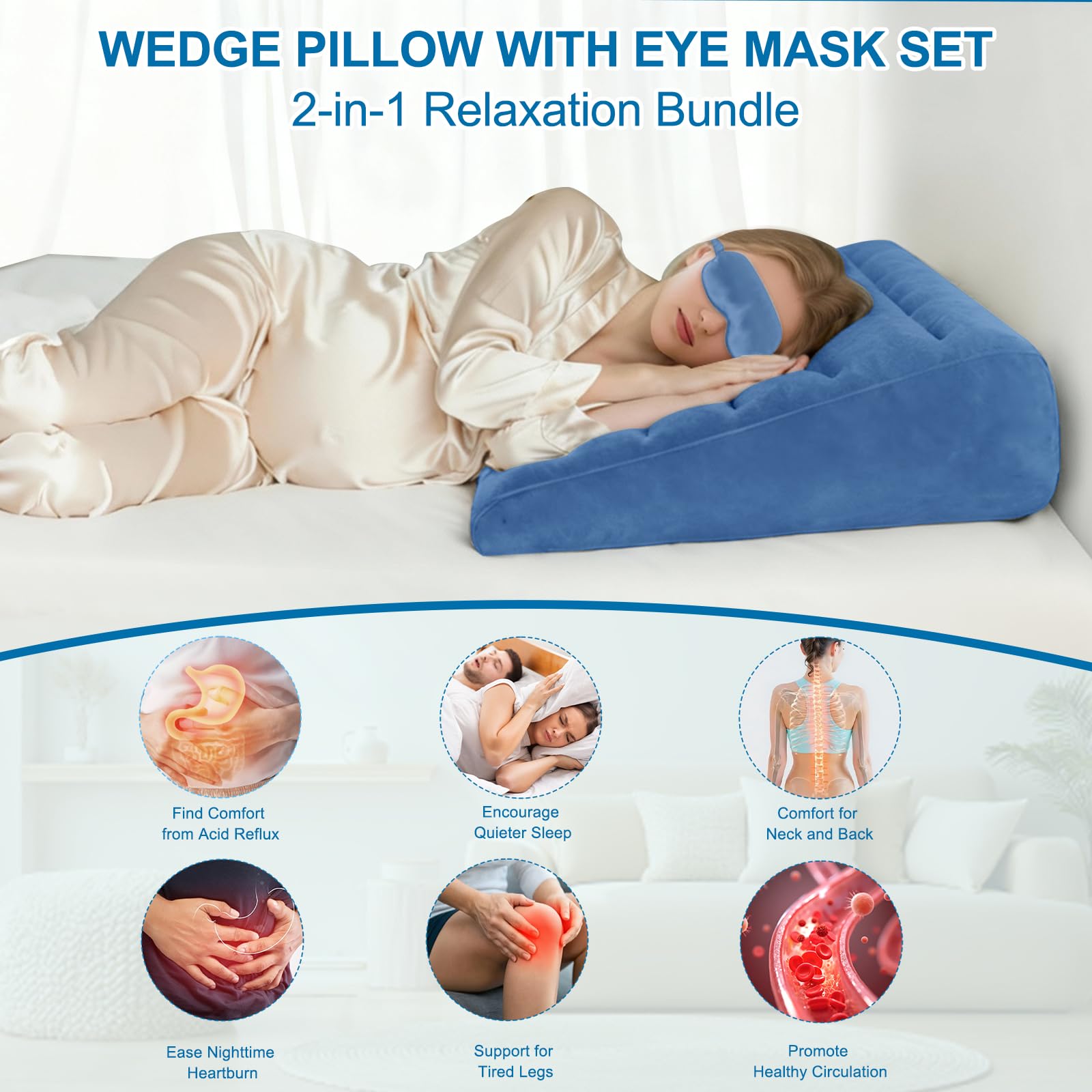 Coussin cale gonflable portable avec masque de sommeil – Cale de matelas pour anti-ronflement, coussin anti-reflux pour lit et canapé, coussin cale de lit pour sommeil, repos, cale de lit pour tête de