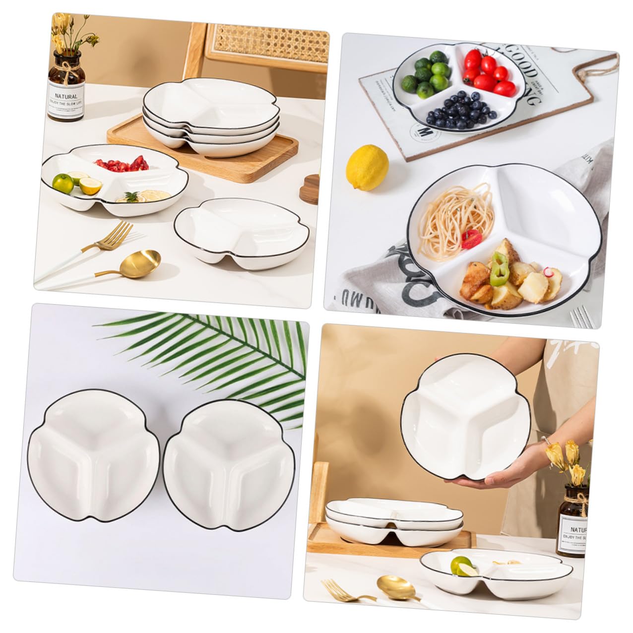 Homoyoyo Piatto in Ceramica Bianco 3 Scomparti per Controllo Porzioni e Facile Pulizia, per Aperitivi e Insalate Durante Feste e Ristoranti
