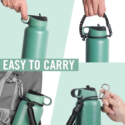 Miniatura 6 de Life's Easy Botella de agua aislada de acero inoxidable, botella de agua deportiva con tapa de popote y mosquetón de paracaídas, frasco al vacío