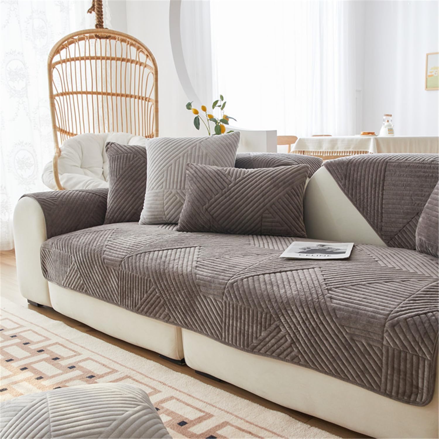 LINGKY Sofa Covers 1/2/3/4 Seater Corner Sofa Covers L Shape Velvet Thick Sofa Protector Non-Slip Sofa Slipcovers for Both Left/Right Chaise Sectional Couch (Brown Gray,90x210cm/Rectangular)