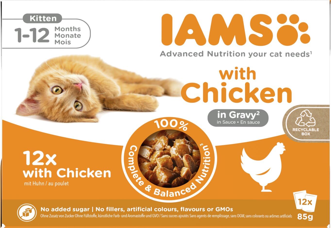 IAMS Advanced Nutrition Alimento húmedo en Salsa, para Gatitos con Pollo, 12 x 85g