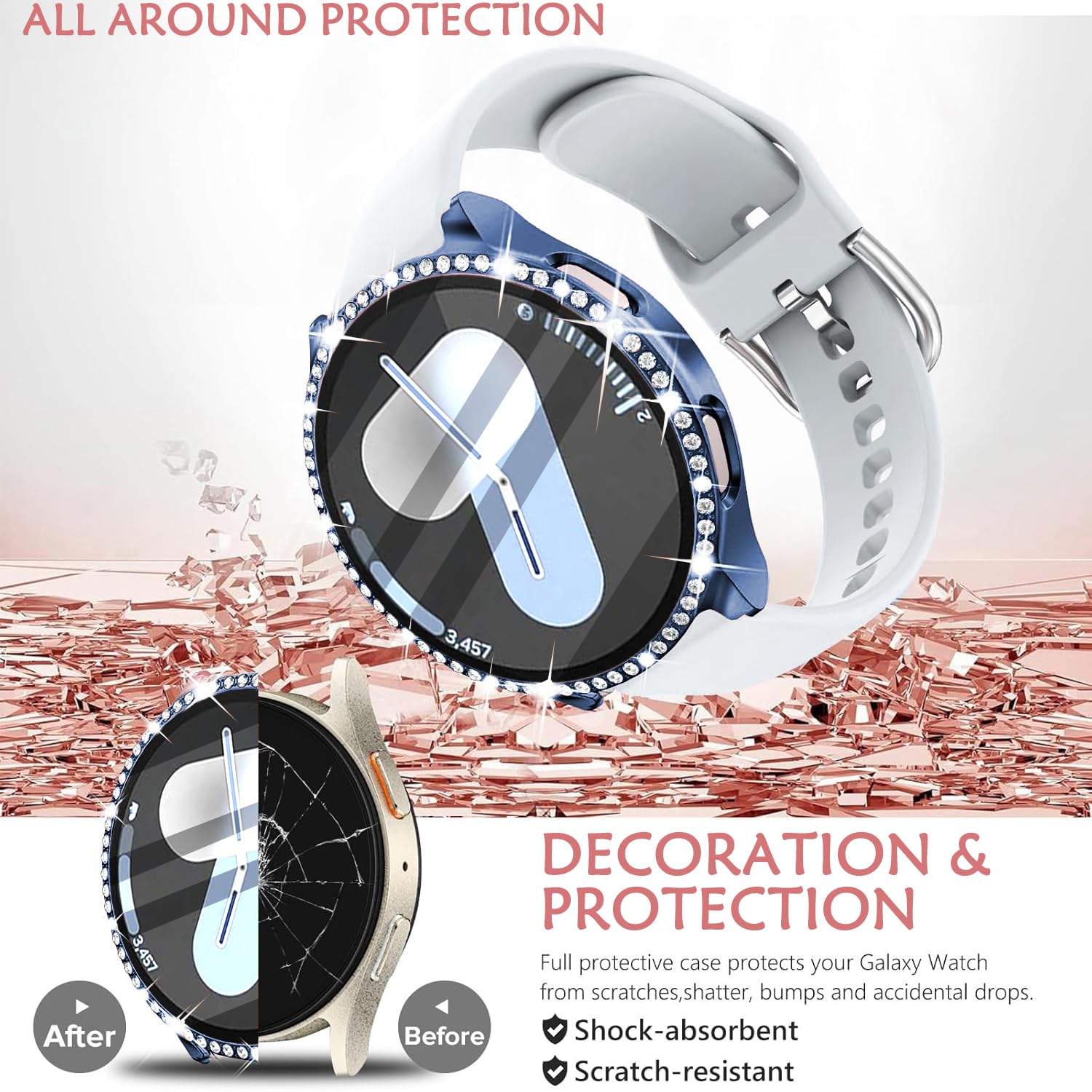 DEALELE [2-PACK] Case Compatible with Samsung Galaxy Watch 5/4 44mm, Bling Single-Row Diamond PC Protective Case Replacement Watch Cover Bumper (44mm, Gold+Transparent) — view 222