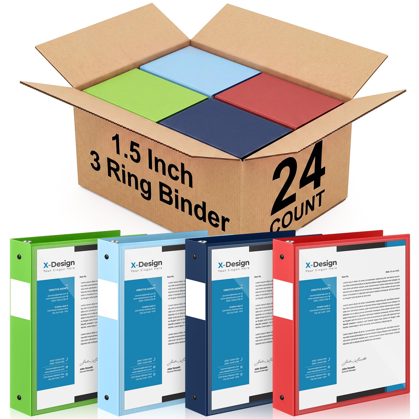 Henoyso 24 Pack 1.5 Inch 3 Ring Binder with Clear Cover Fit Letter Size 8.5" x 11" Paper Holds 350 Sheets, Bulk Binders for Organizing School, Office & Classroom Documents, 1 Pocket (Soft Colors)