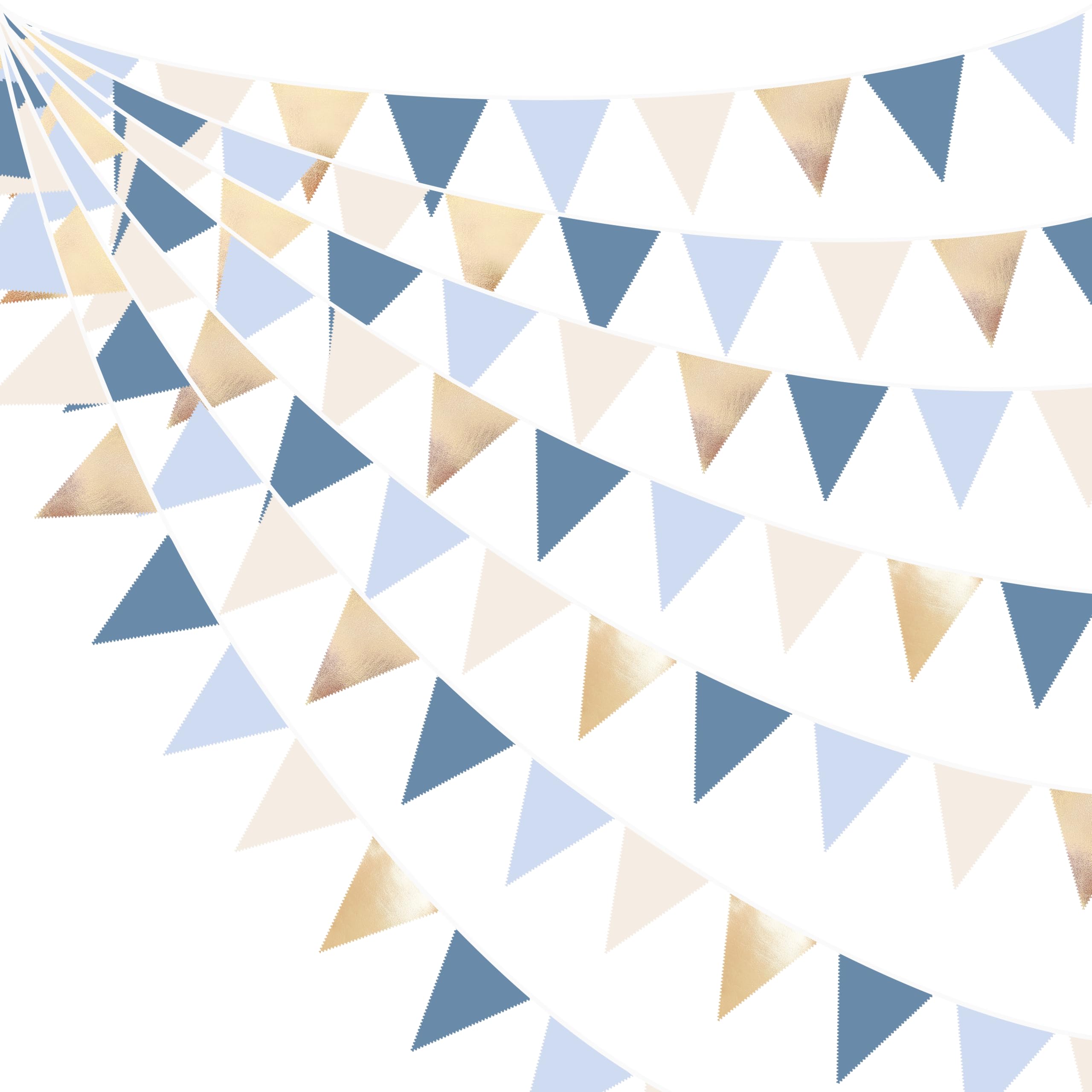 32Ft Dusty Blue Champagne Gold Banner Triangle Flag Party Decorations Retro Blue Gold Fabric Pennant Bunting Streamer for Graduation Nautical Sea Ocean Summer Birthday Baby Shower Party