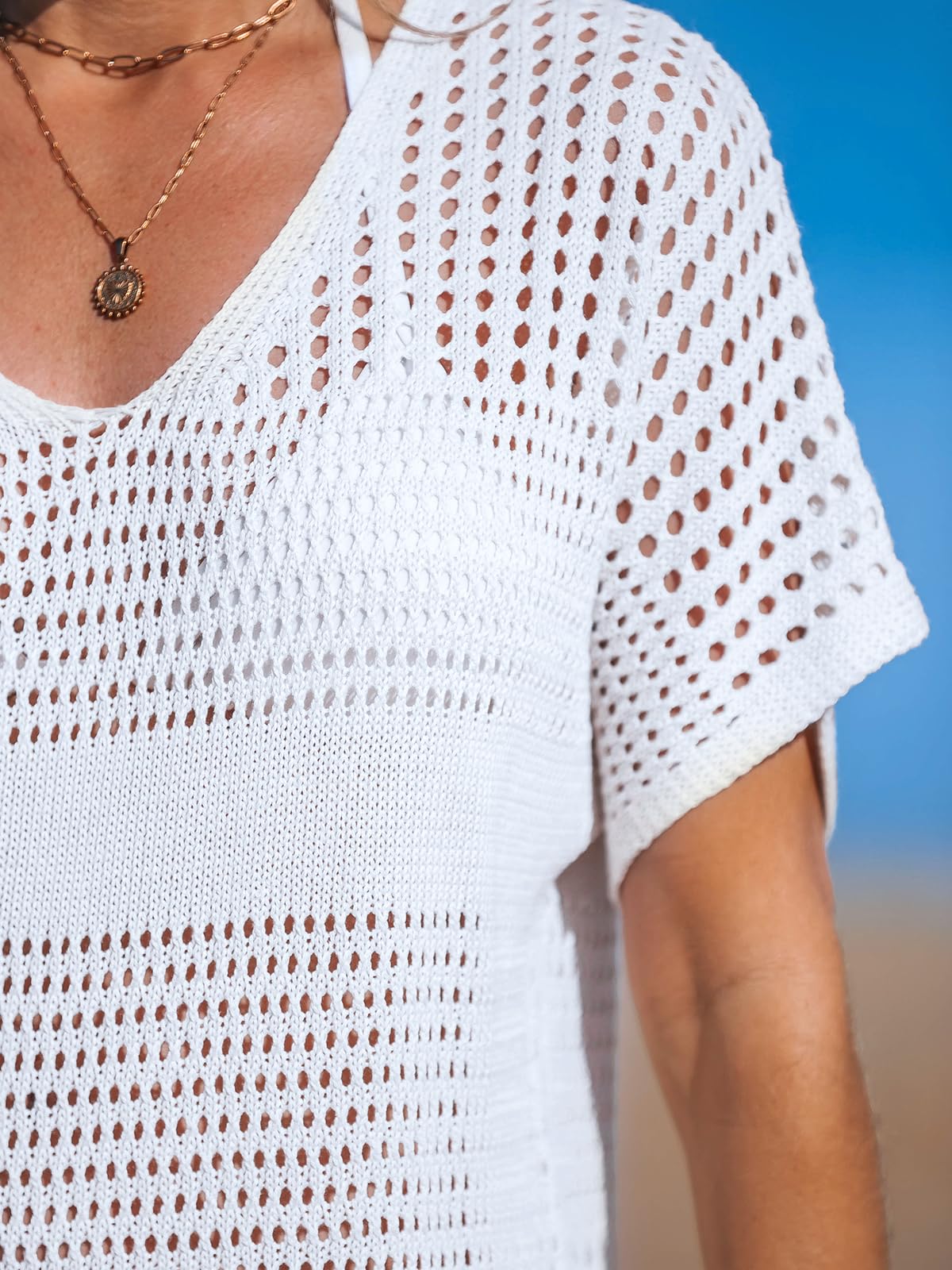 CUPSHE Traje de baño de ganchillo para mujer, vestido de playa de manga corta, cuello en V, salida de baño para traje de baño de playa